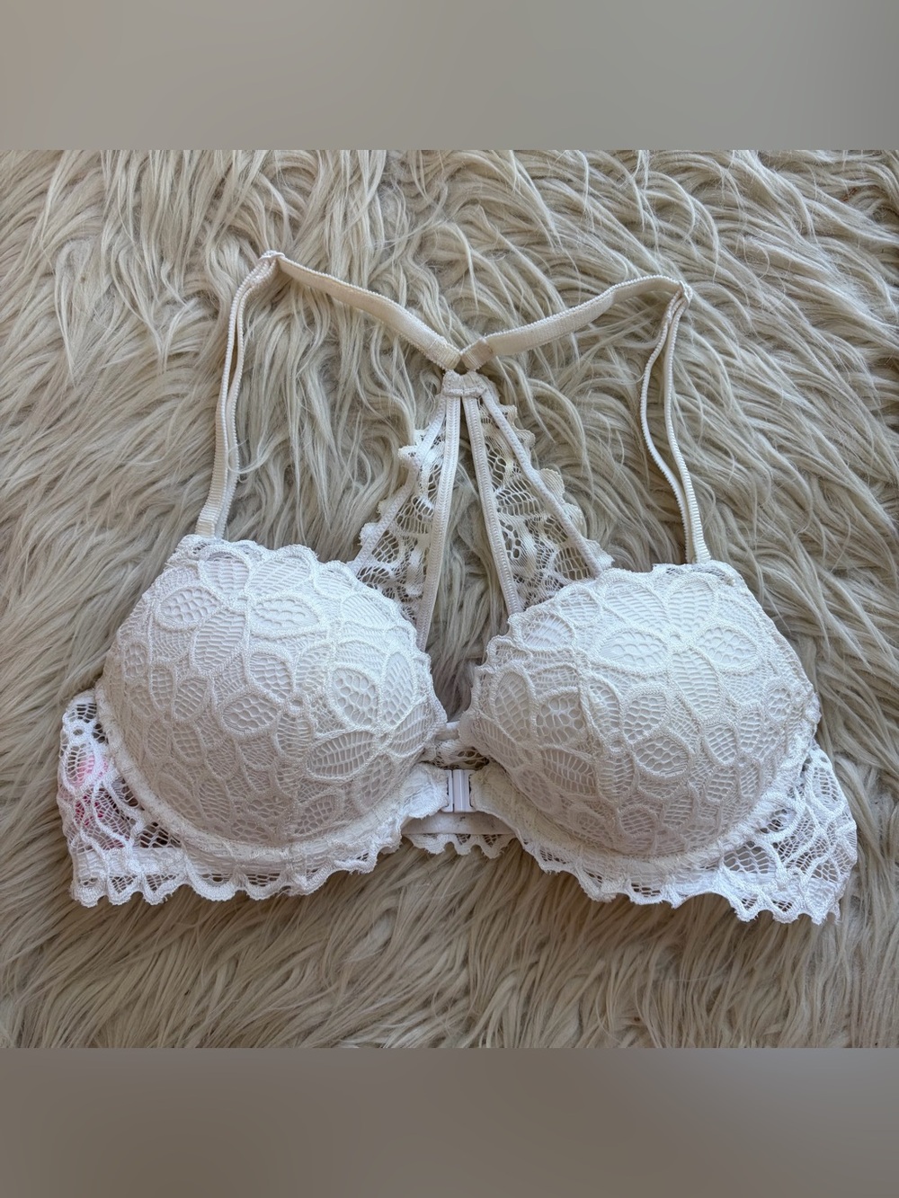 PINK Victoria's Secret White Lace Front Closure Racerback Push Up Bra Size 34B